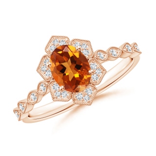 7x5mm AAAA Oval Citrine Trillium Floral Shank Ring in 10K Rose Gold