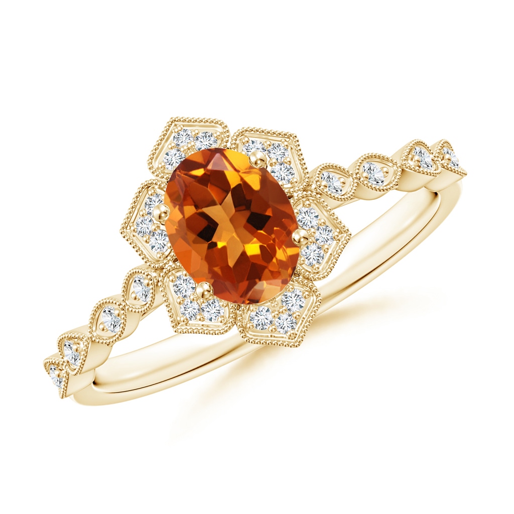 7x5mm AAAA Oval Citrine Trillium Floral Shank Ring in Yellow Gold