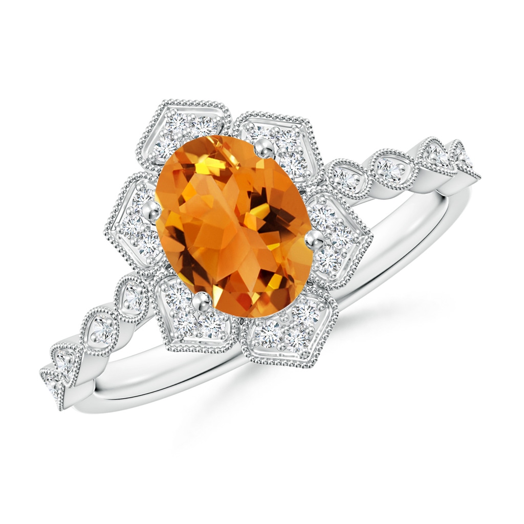 8x6mm AAA Oval Citrine Trillium Floral Shank Ring in White Gold