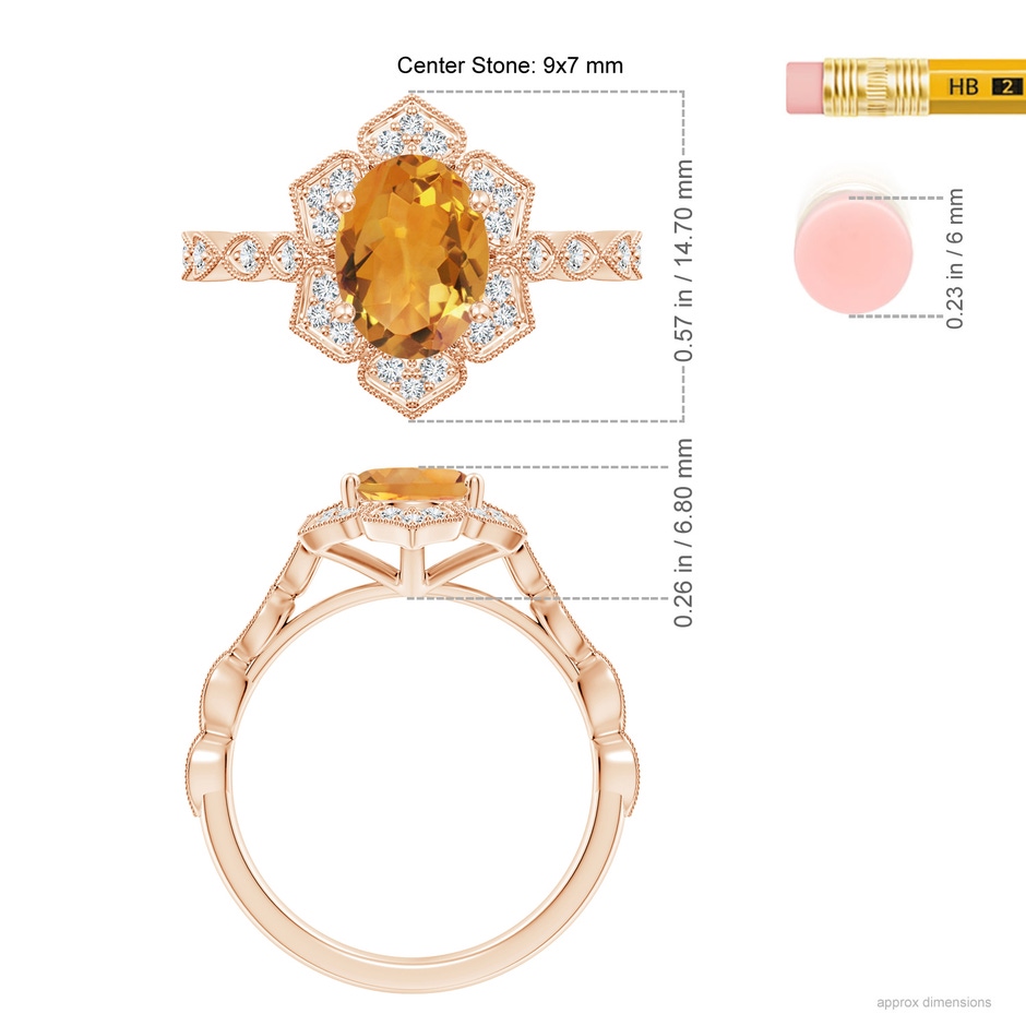 9x7mm AA Oval Citrine Trillium Floral Shank Ring in Rose Gold ruler