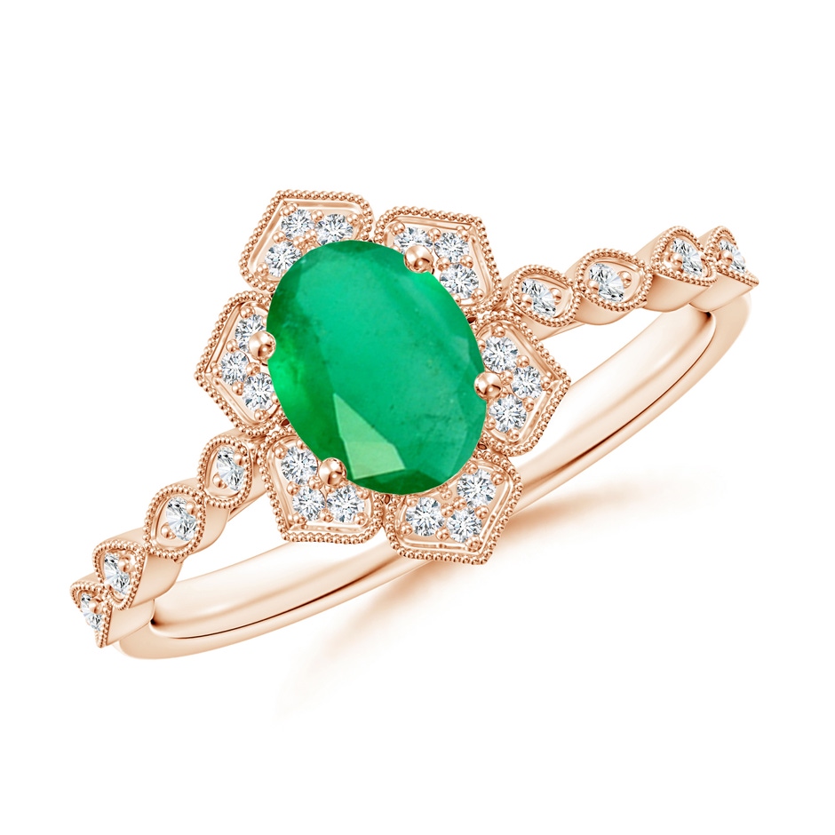 7x5mm A Oval Emerald Trillium Floral Shank Ring in Rose Gold 