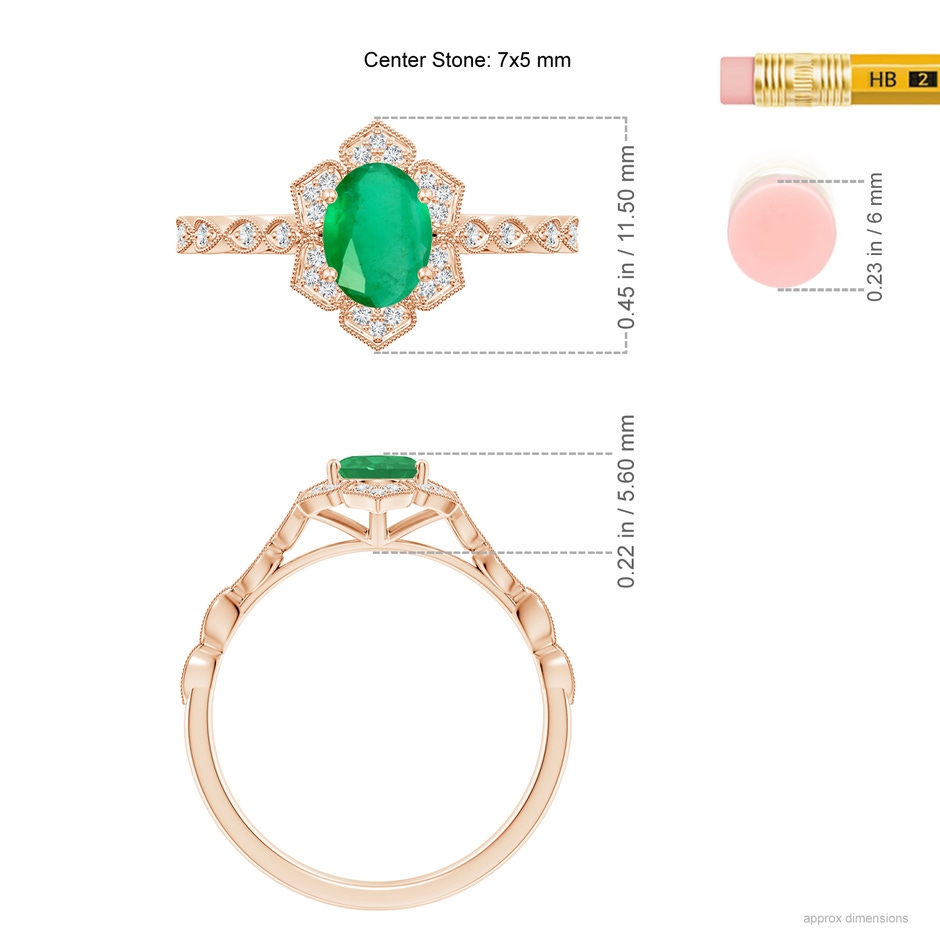 7x5mm A Oval Emerald Trillium Floral Shank Ring in Rose Gold ruler