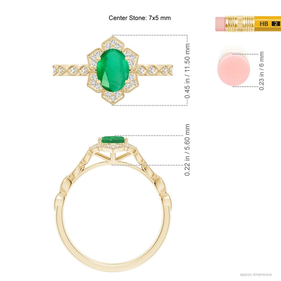7x5mm A Oval Emerald Trillium Floral Shank Ring in Yellow Gold ruler