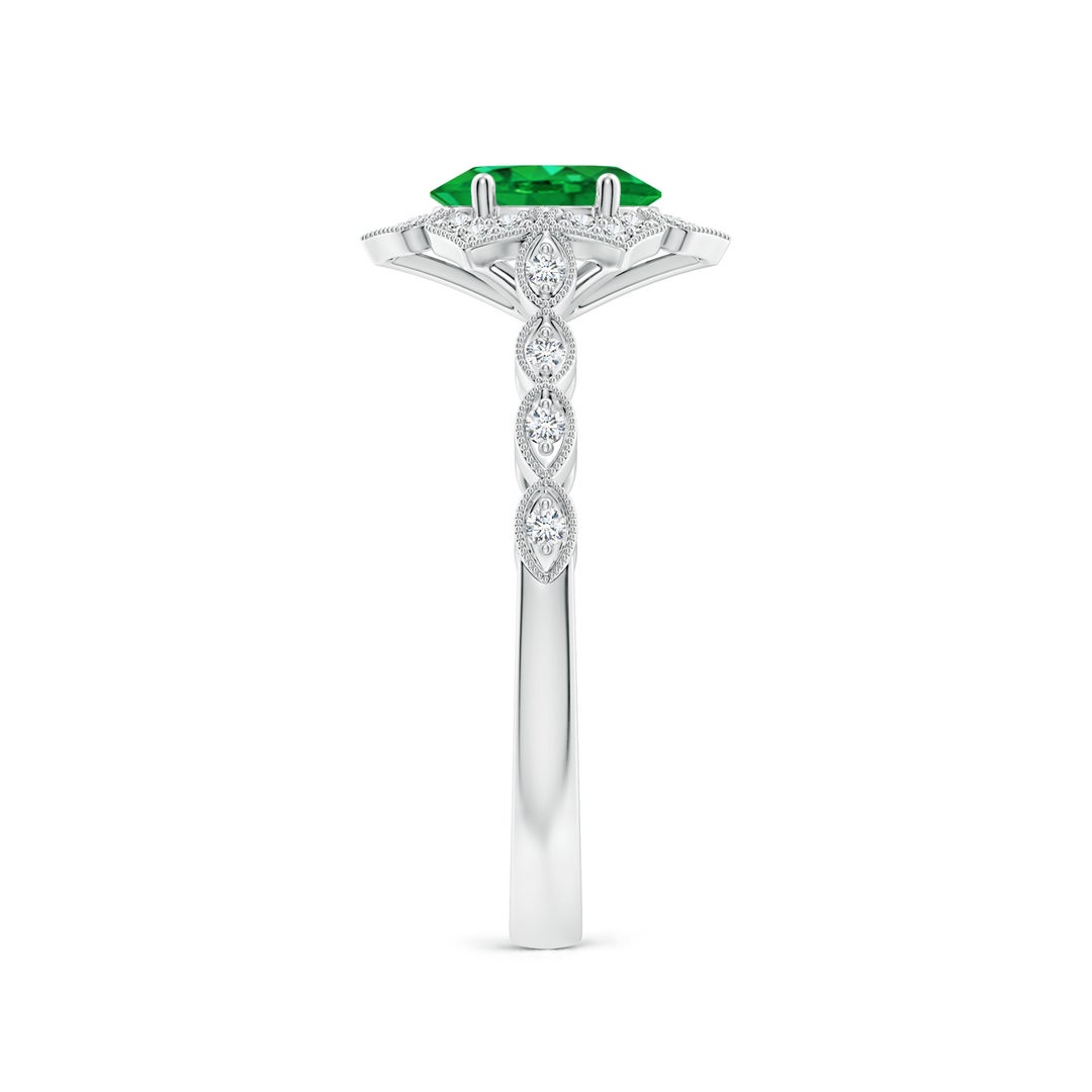 7x5mm AAA Oval Emerald Trillium Floral Shank Ring in White Gold - side 3