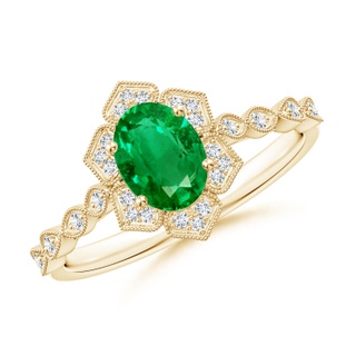 7x5mm AAA Oval Emerald Trillium Floral Shank Ring in Yellow Gold