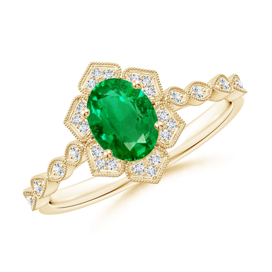 7x5mm AAA Oval Emerald Trillium Floral Shank Ring in Yellow Gold 