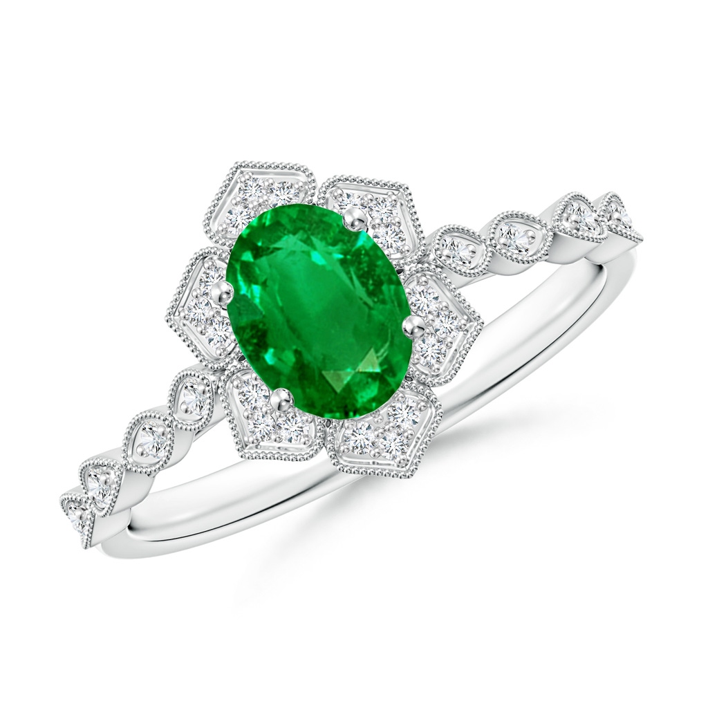 7x5mm Lab-Grown Oval Emerald Trillium Floral Shank Ring in White Gold