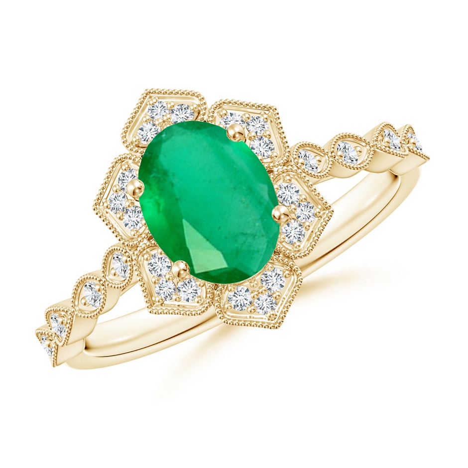8x6mm A Oval Emerald Trillium Floral Shank Ring in Yellow Gold 