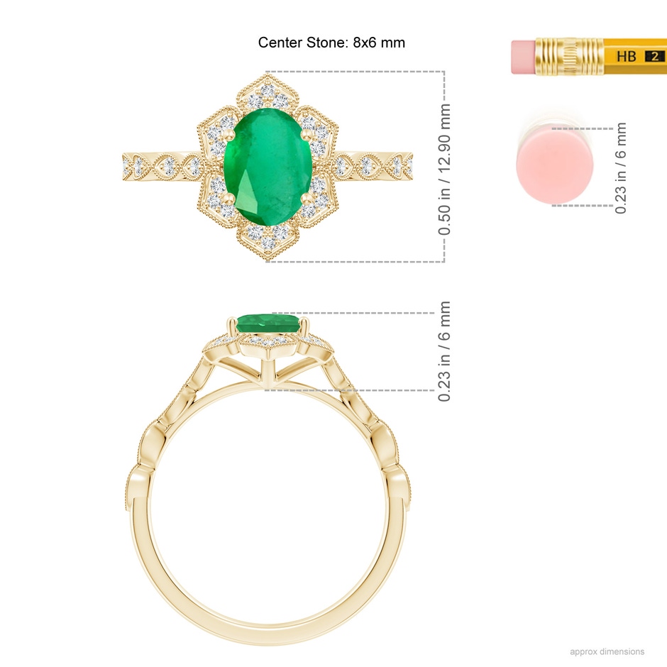 8x6mm A Oval Emerald Trillium Floral Shank Ring in Yellow Gold ruler