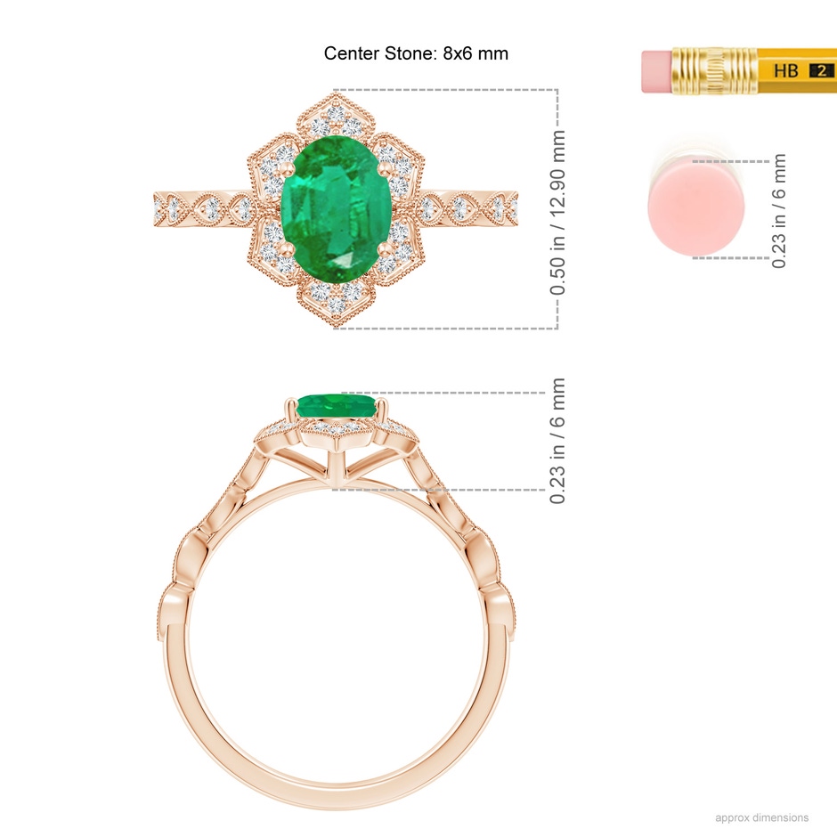 8x6mm AA Oval Emerald Trillium Floral Shank Ring in Rose Gold ruler