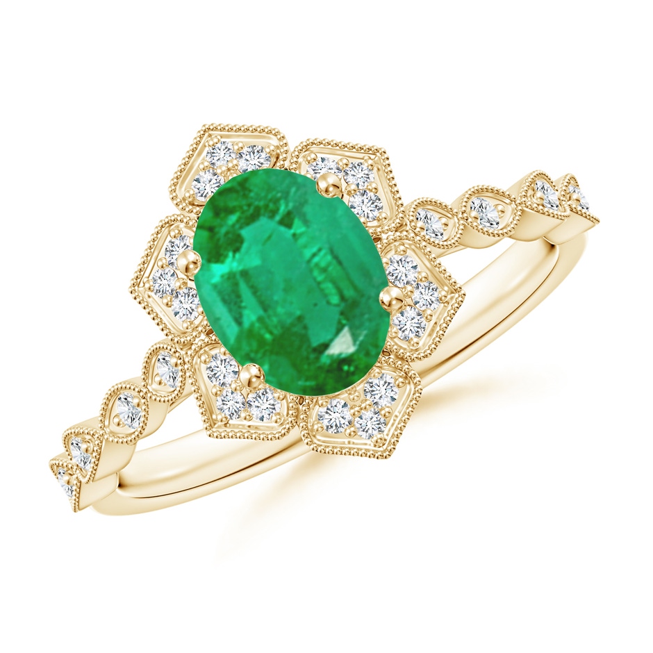 8x6mm AA Oval Emerald Trillium Floral Shank Ring in Yellow Gold 