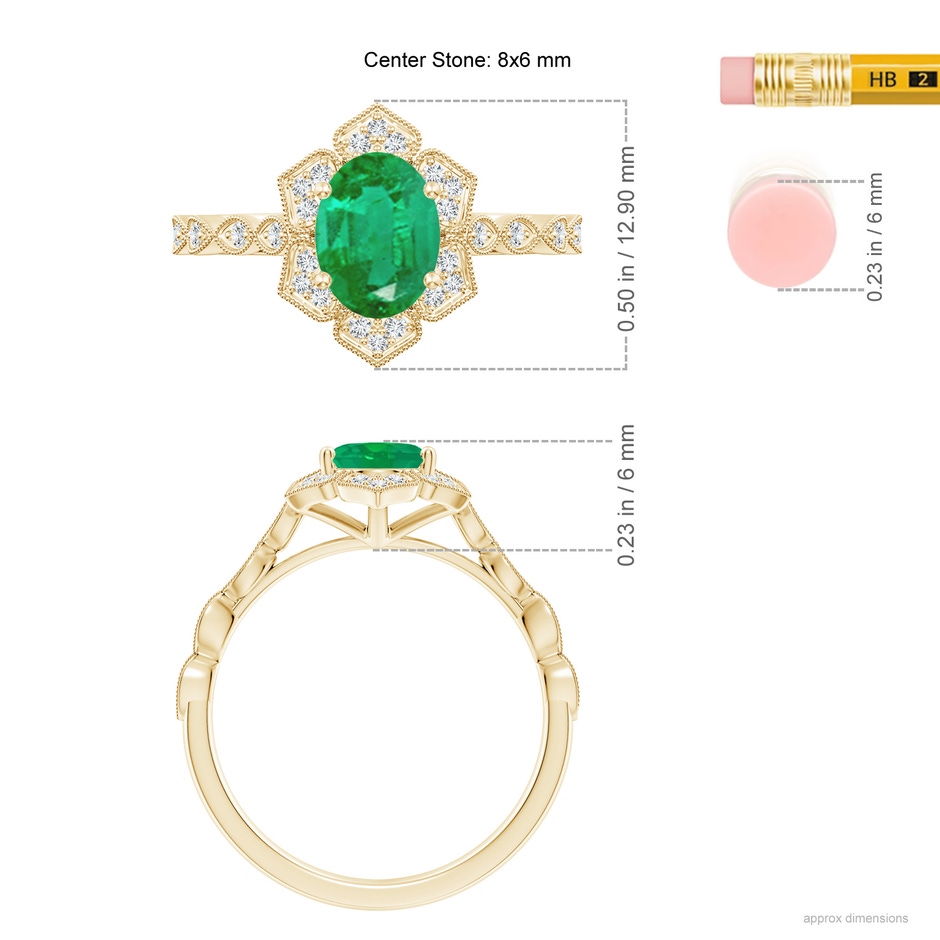 8x6mm AA Oval Emerald Trillium Floral Shank Ring in Yellow Gold ruler