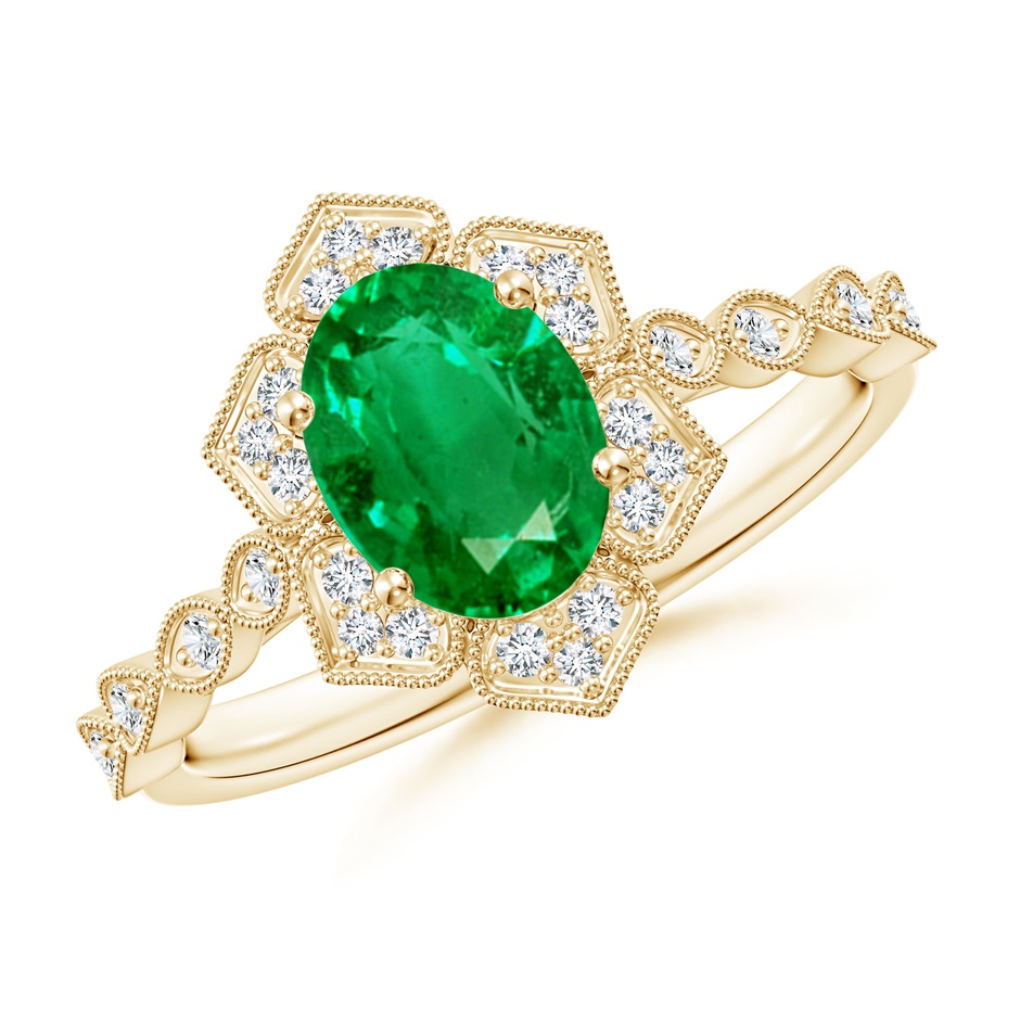 8x6mm AAA Oval Emerald Trillium Floral Shank Ring in Yellow Gold 