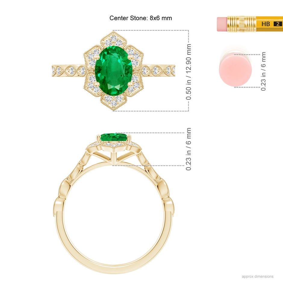 8x6mm AAA Oval Emerald Trillium Floral Shank Ring in Yellow Gold ruler