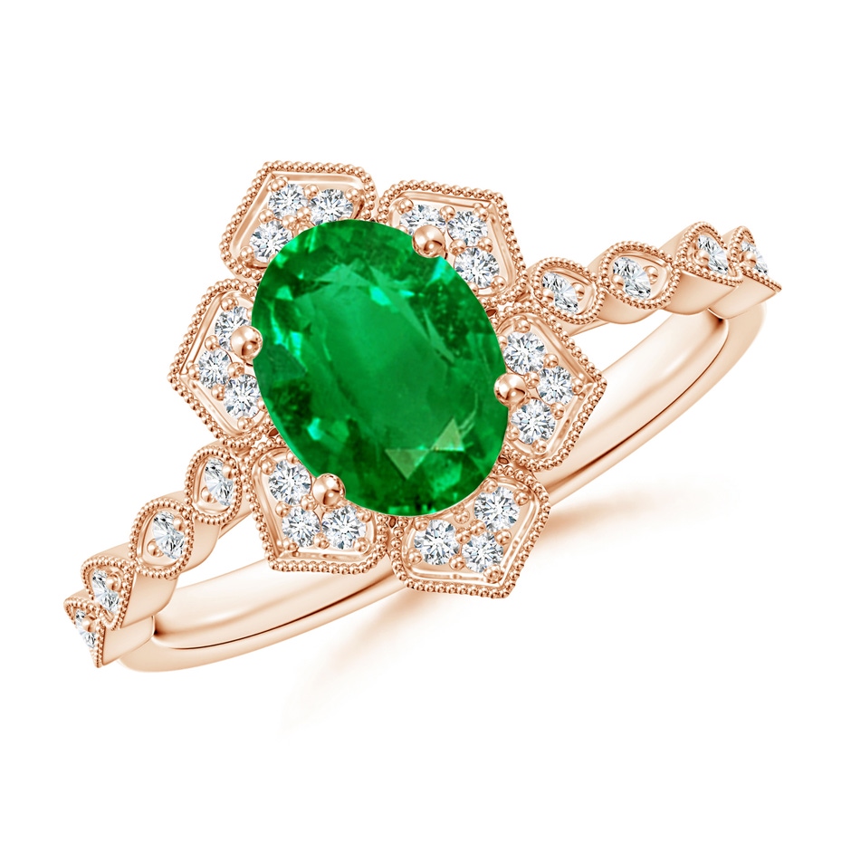 8x6mm Lab-Grown Oval Emerald Trillium Floral Shank Ring in Rose Gold 