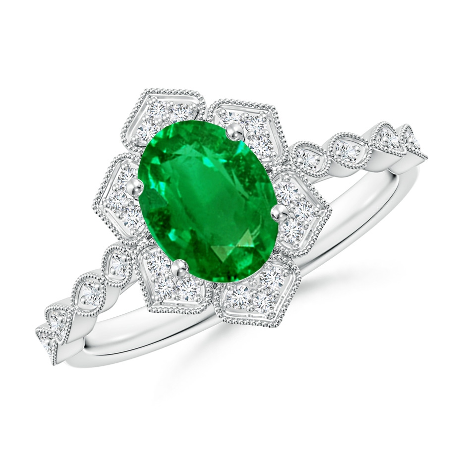 8x6mm Lab-Grown Oval Emerald Trillium Floral Shank Ring in White Gold 