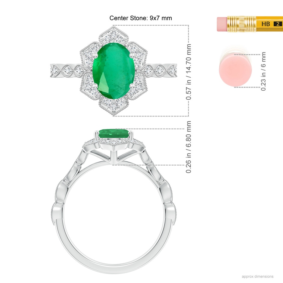 9x7mm A Oval Emerald Trillium Floral Shank Ring in White Gold ruler