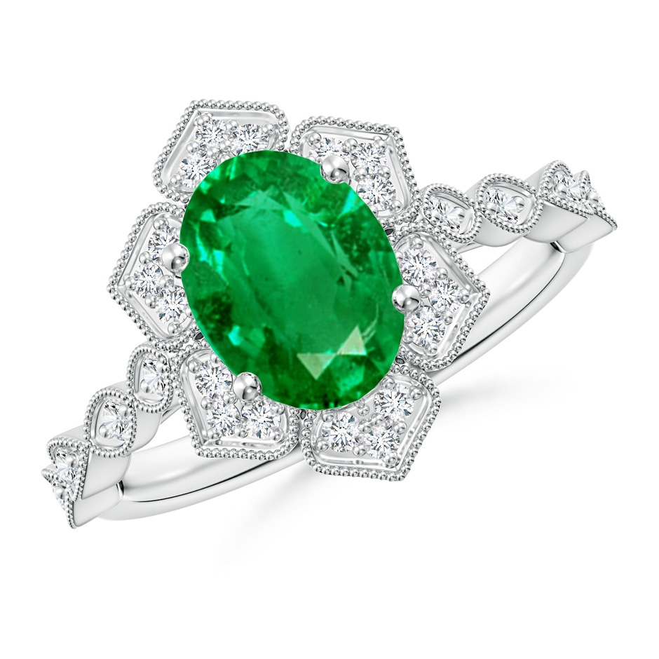 9x7mm AAA Oval Emerald Trillium Floral Shank Ring in White Gold 
