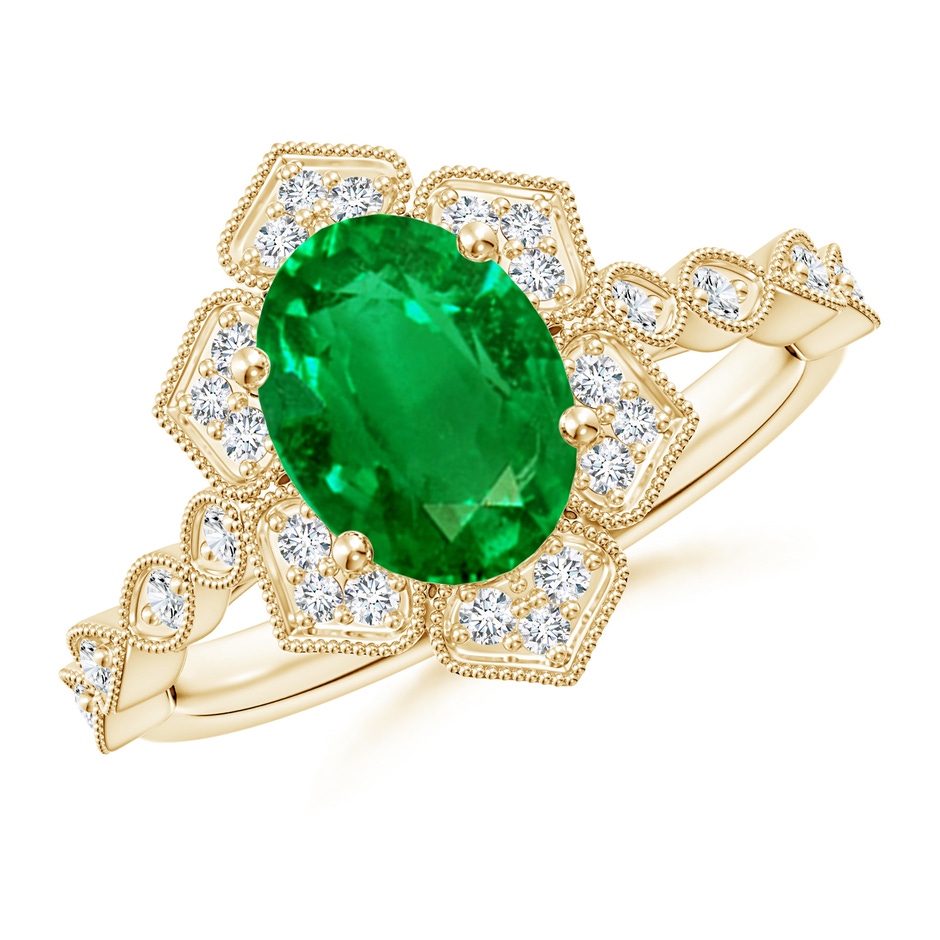 9x7mm Lab-Grown Oval Emerald Trillium Floral Shank Ring in Yellow Gold 