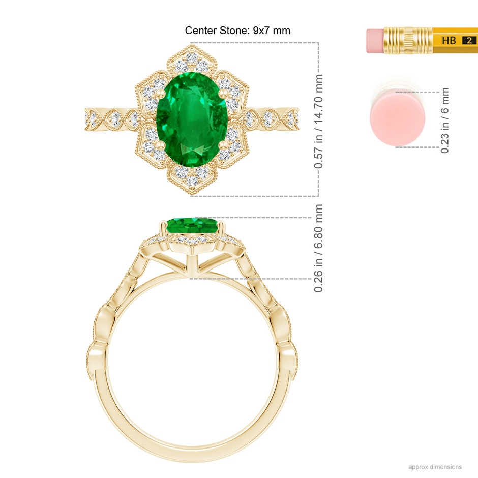 9x7mm Lab-Grown Oval Emerald Trillium Floral Shank Ring in Yellow Gold ruler