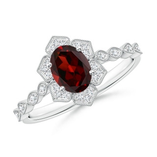 7x5mm AAA Oval Garnet Trillium Floral Shank Ring in White Gold