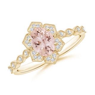 7x5mm AAA Oval Morganite Trillium Floral Shank Ring in 9K Yellow Gold