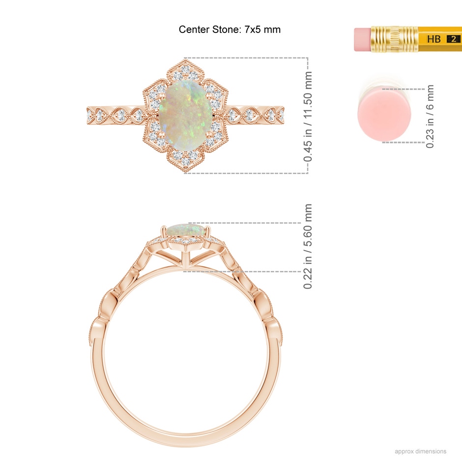 7x5mm AAA Oval Opal Trillium Floral Shank Ring in Rose Gold ruler