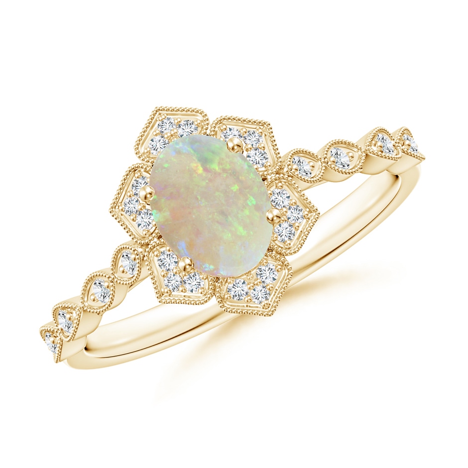 7x5mm AAA Oval Opal Trillium Floral Shank Ring in Yellow Gold 