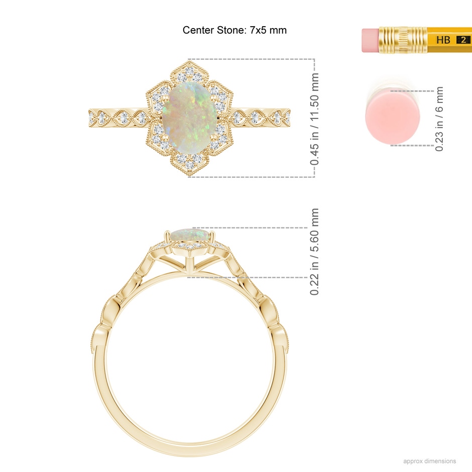 7x5mm AAA Oval Opal Trillium Floral Shank Ring in Yellow Gold ruler