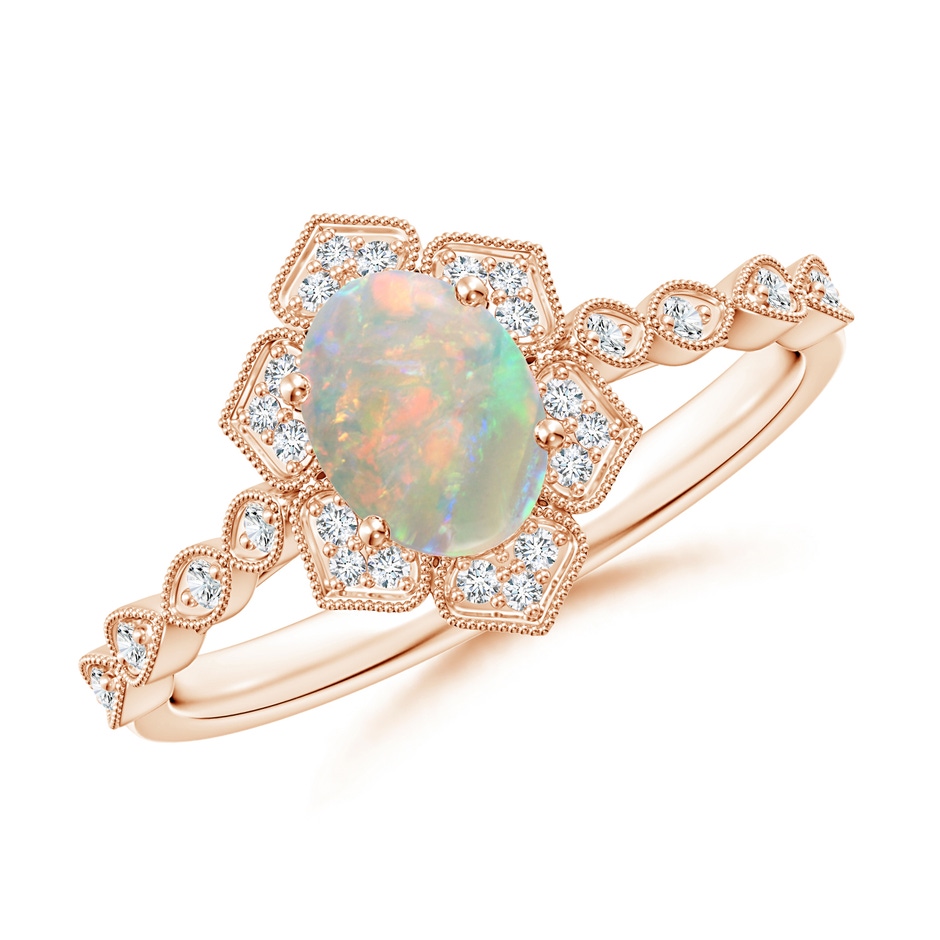 7x5mm AAAA Oval Opal Trillium Floral Shank Ring in Rose Gold 