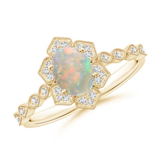 7x5mm AAAA Oval Opal Trillium Floral Shank Ring in Yellow Gold