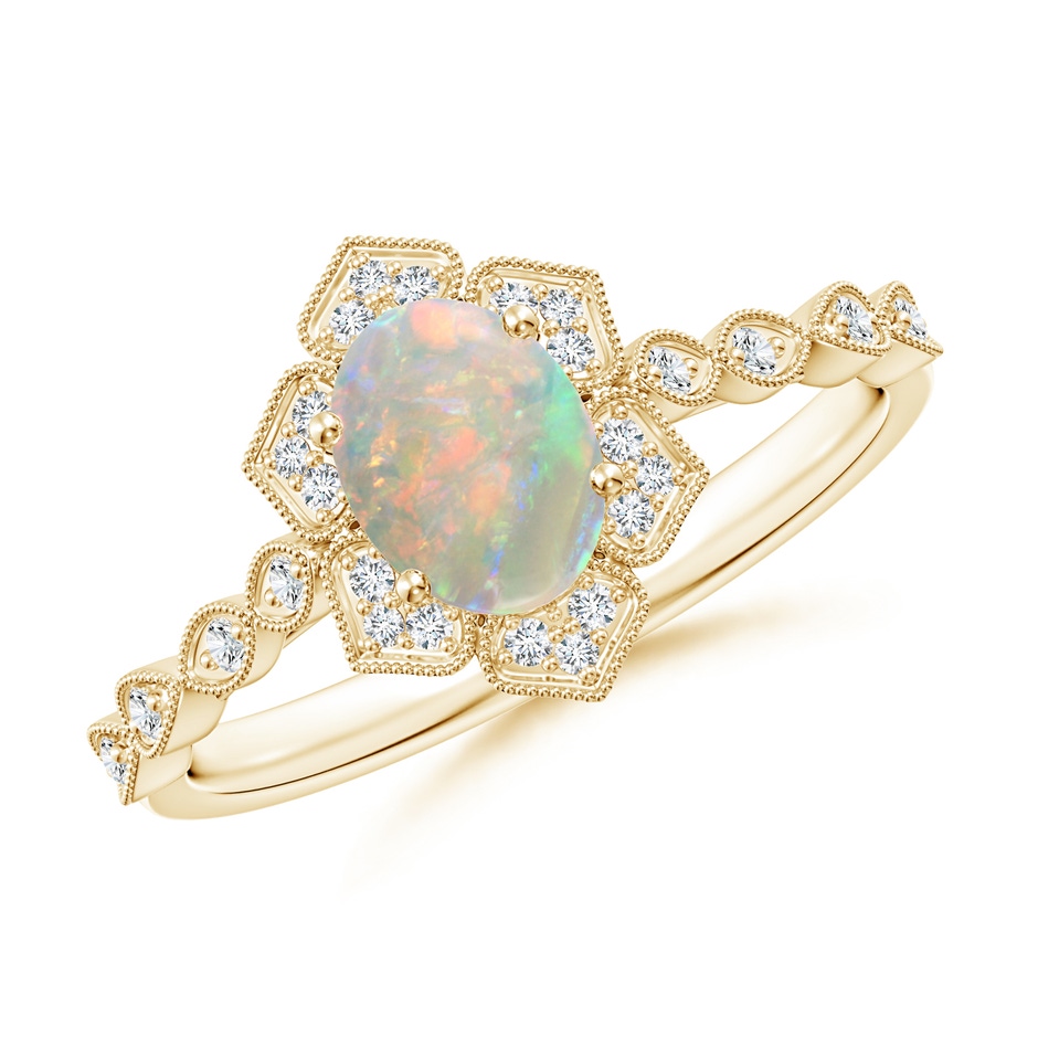 7x5mm AAAA Oval Opal Trillium Floral Shank Ring in Yellow Gold 