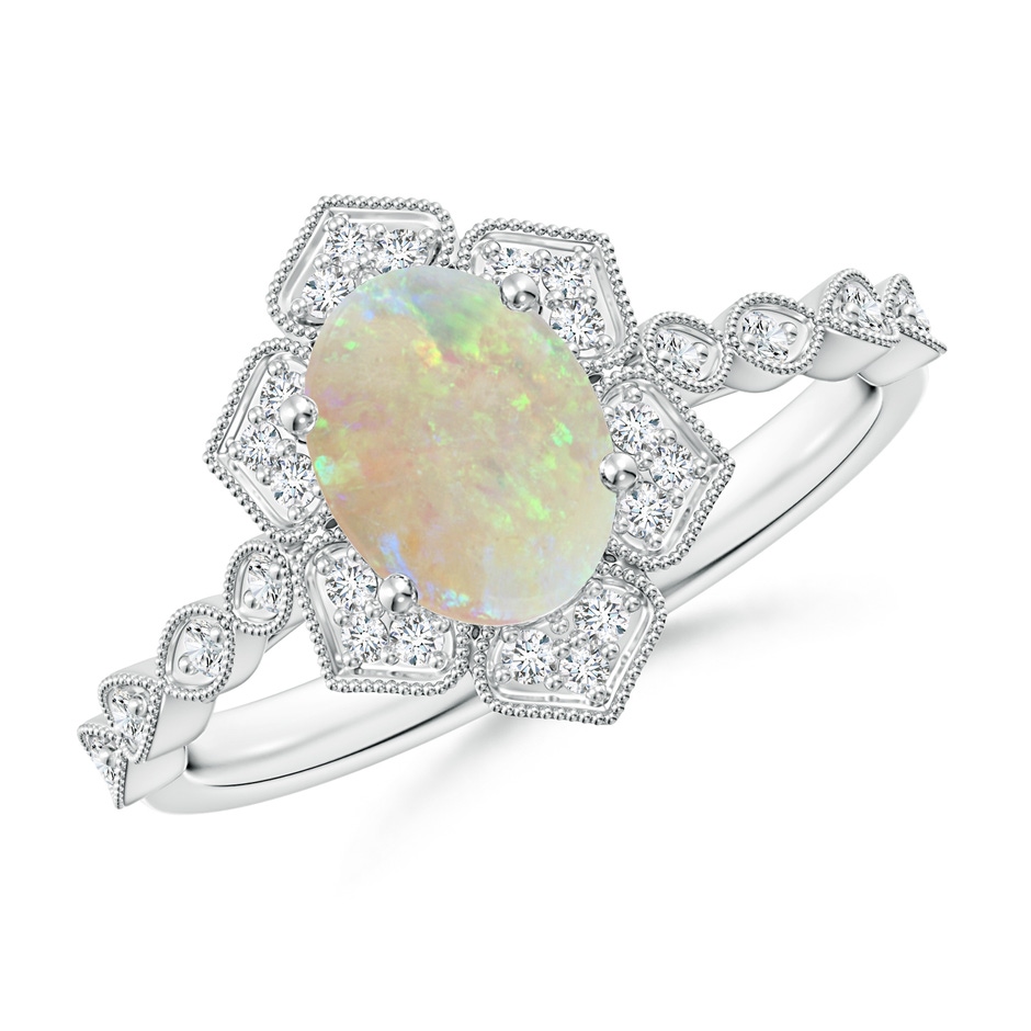 8x6mm AAA Oval Opal Trillium Floral Shank Ring in White Gold 