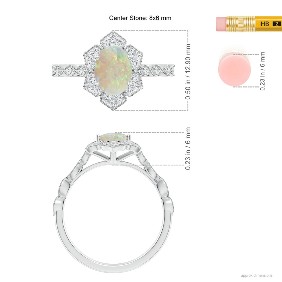 8x6mm AAA Oval Opal Trillium Floral Shank Ring in White Gold ruler