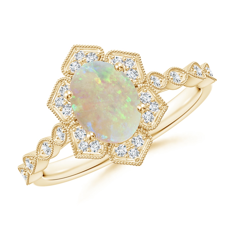 8x6mm AAA Oval Opal Trillium Floral Shank Ring in Yellow Gold 
