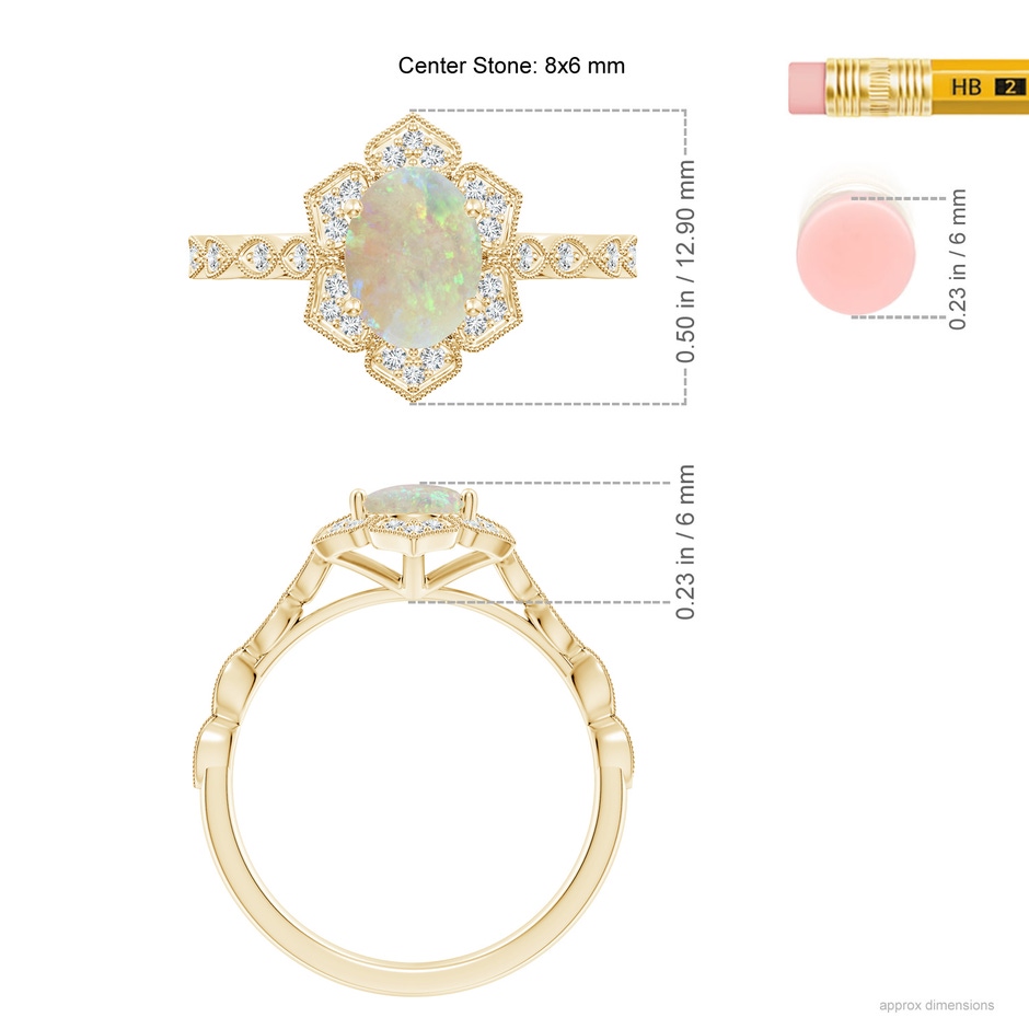 8x6mm AAA Oval Opal Trillium Floral Shank Ring in Yellow Gold ruler