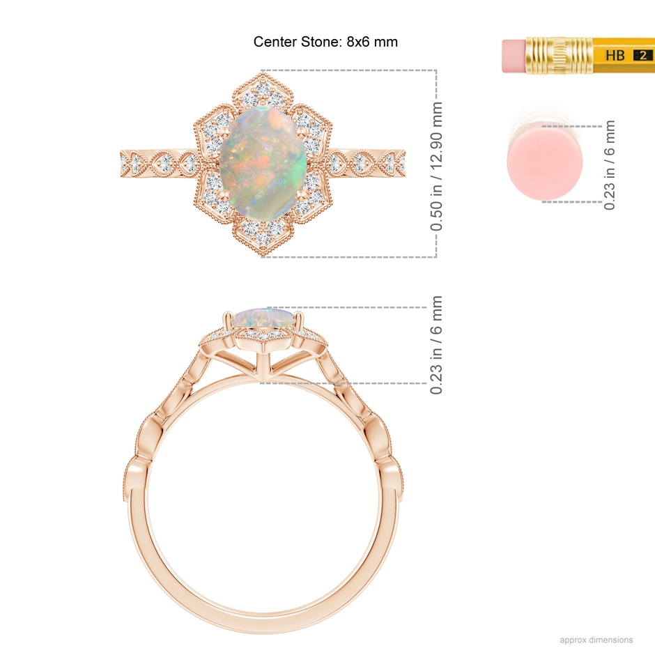 8x6mm AAAA Oval Opal Trillium Floral Shank Ring in Rose Gold ruler