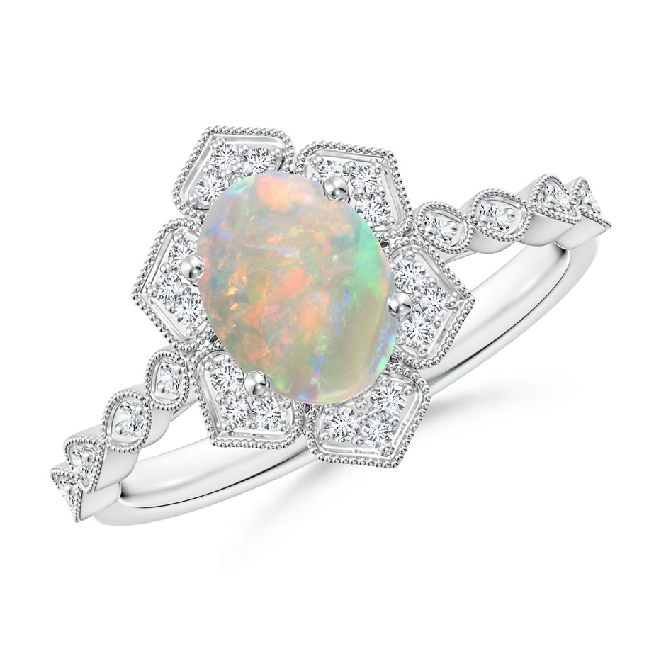 8x6mm AAAA Oval Opal Trillium Floral Shank Ring in White Gold 