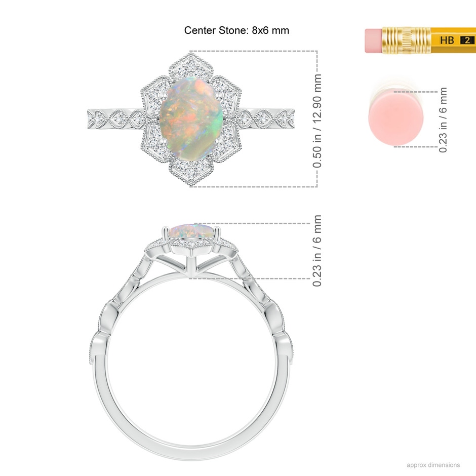 8x6mm AAAA Oval Opal Trillium Floral Shank Ring in White Gold ruler