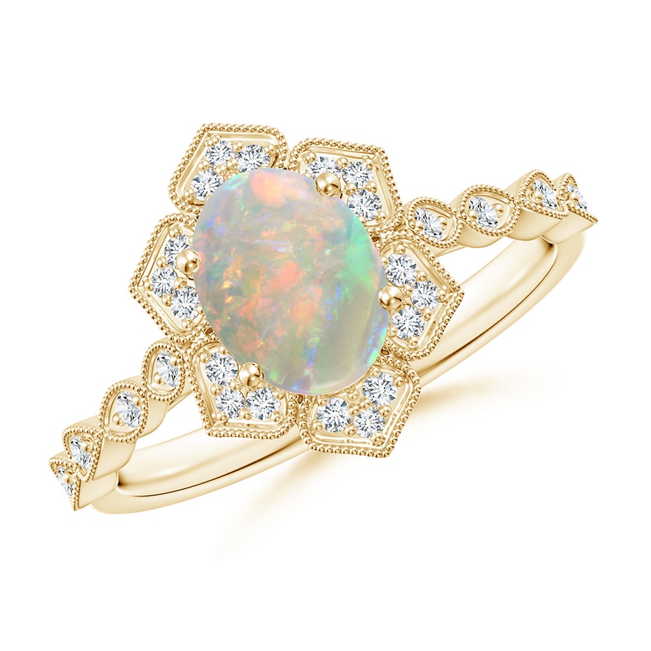 8x6mm AAAA Oval Opal Trillium Floral Shank Ring in Yellow Gold 