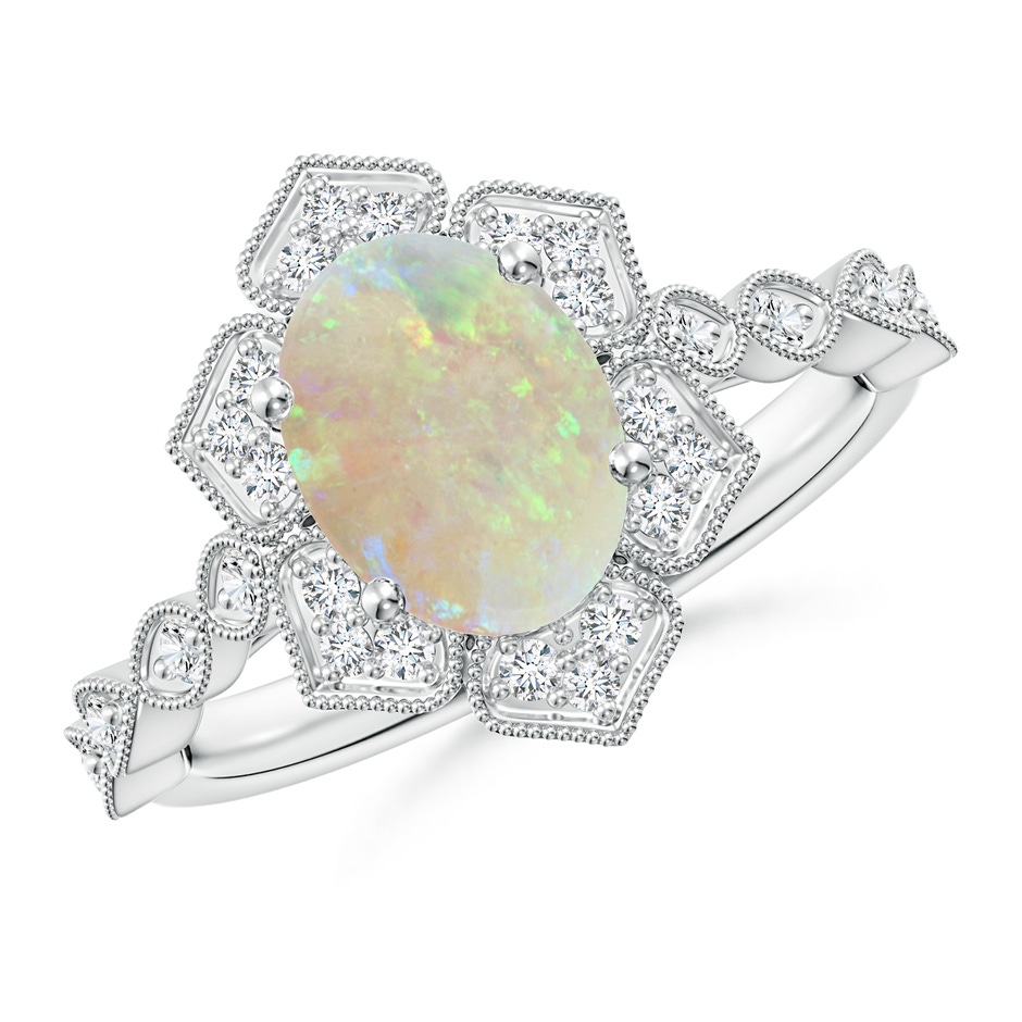 9x7mm AAA Oval Opal Trillium Floral Shank Ring in White Gold 