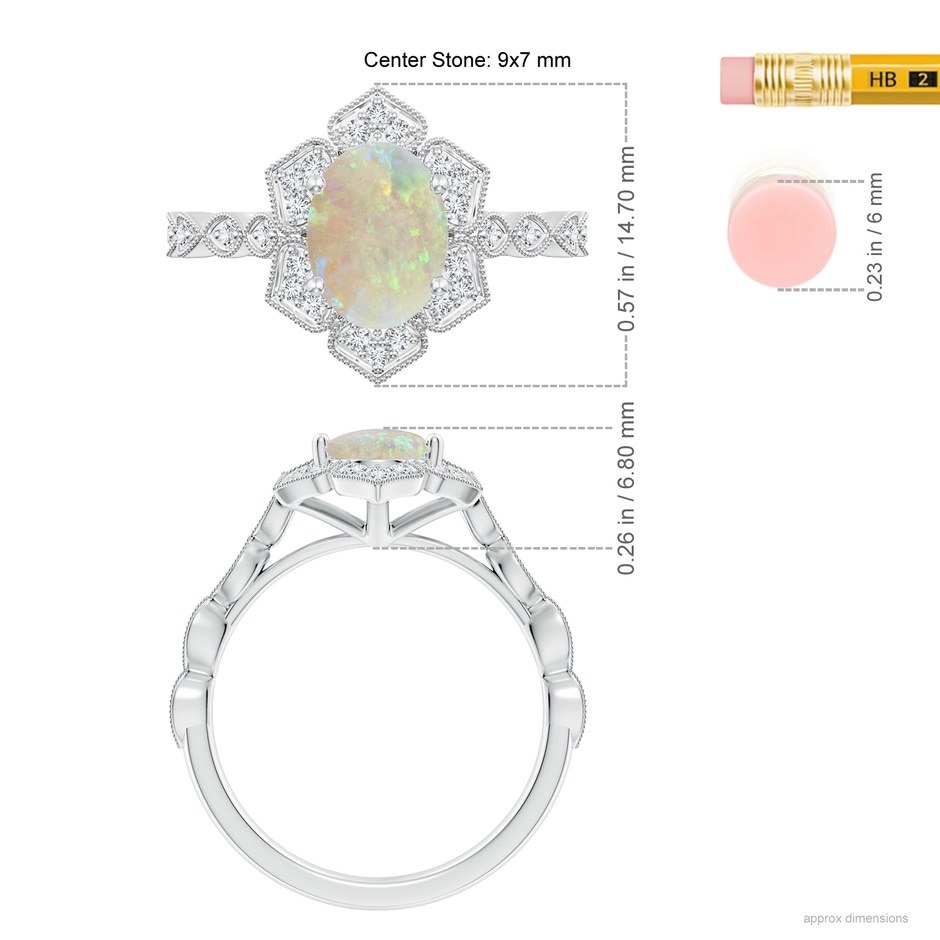 9x7mm AAA Oval Opal Trillium Floral Shank Ring in White Gold ruler