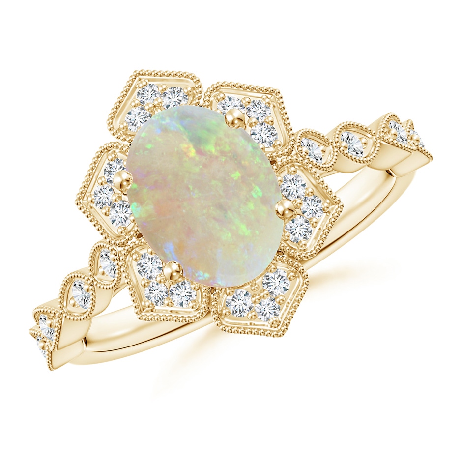 9x7mm AAA Oval Opal Trillium Floral Shank Ring in Yellow Gold 