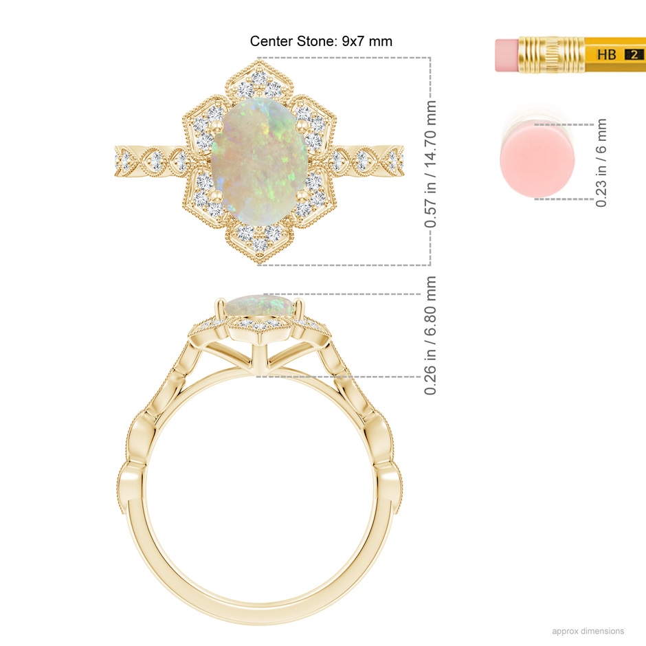 9x7mm AAA Oval Opal Trillium Floral Shank Ring in Yellow Gold ruler