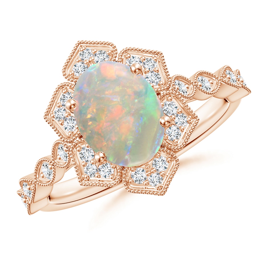 9x7mm AAAA Oval Opal Trillium Floral Shank Ring in Rose Gold 