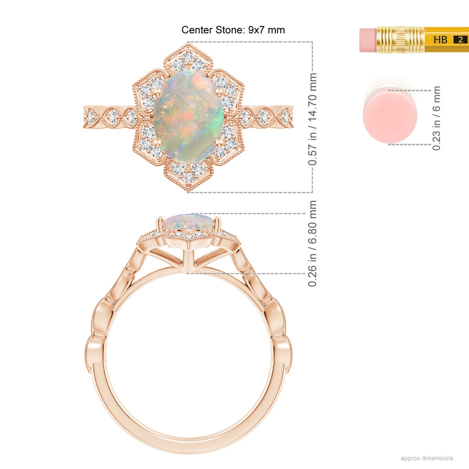 9x7mm AAAA Oval Opal Trillium Floral Shank Ring in Rose Gold ruler