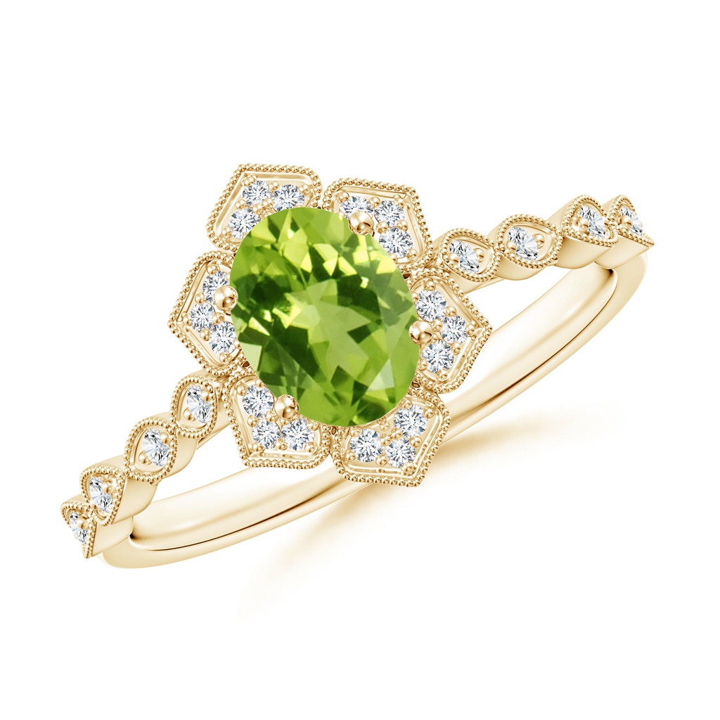 7x5mm AAA Oval Peridot Trillium Floral Shank Ring in Yellow Gold