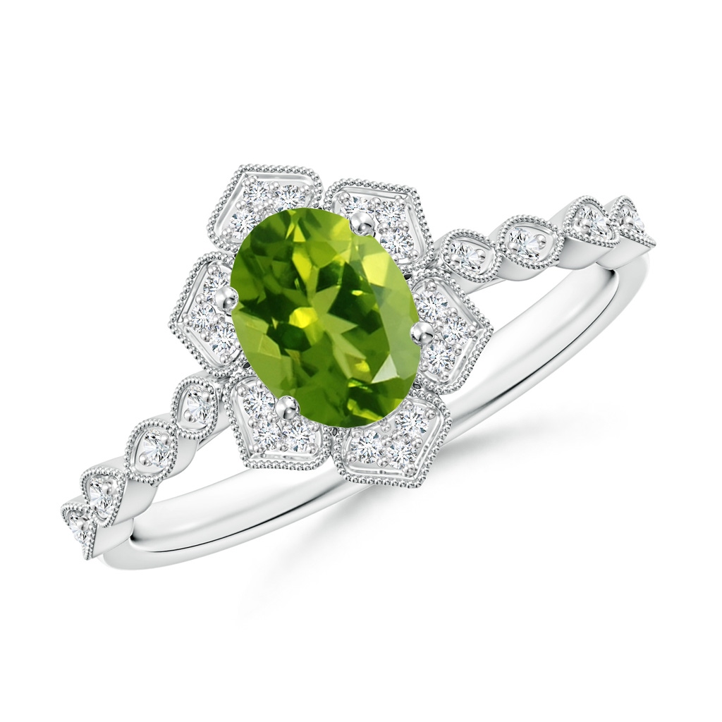 7x5mm AAAA Oval Peridot Trillium Floral Shank Ring in White Gold