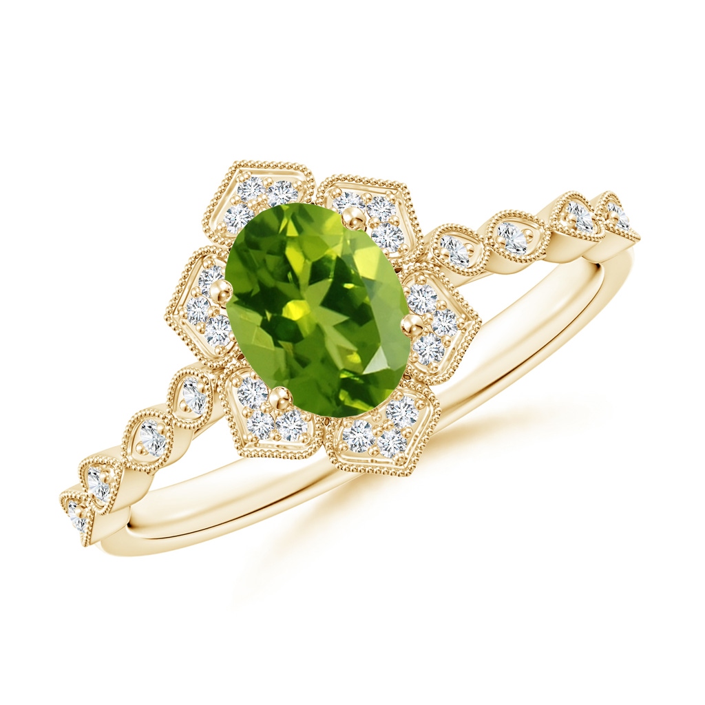 7x5mm AAAA Oval Peridot Trillium Floral Shank Ring in Yellow Gold