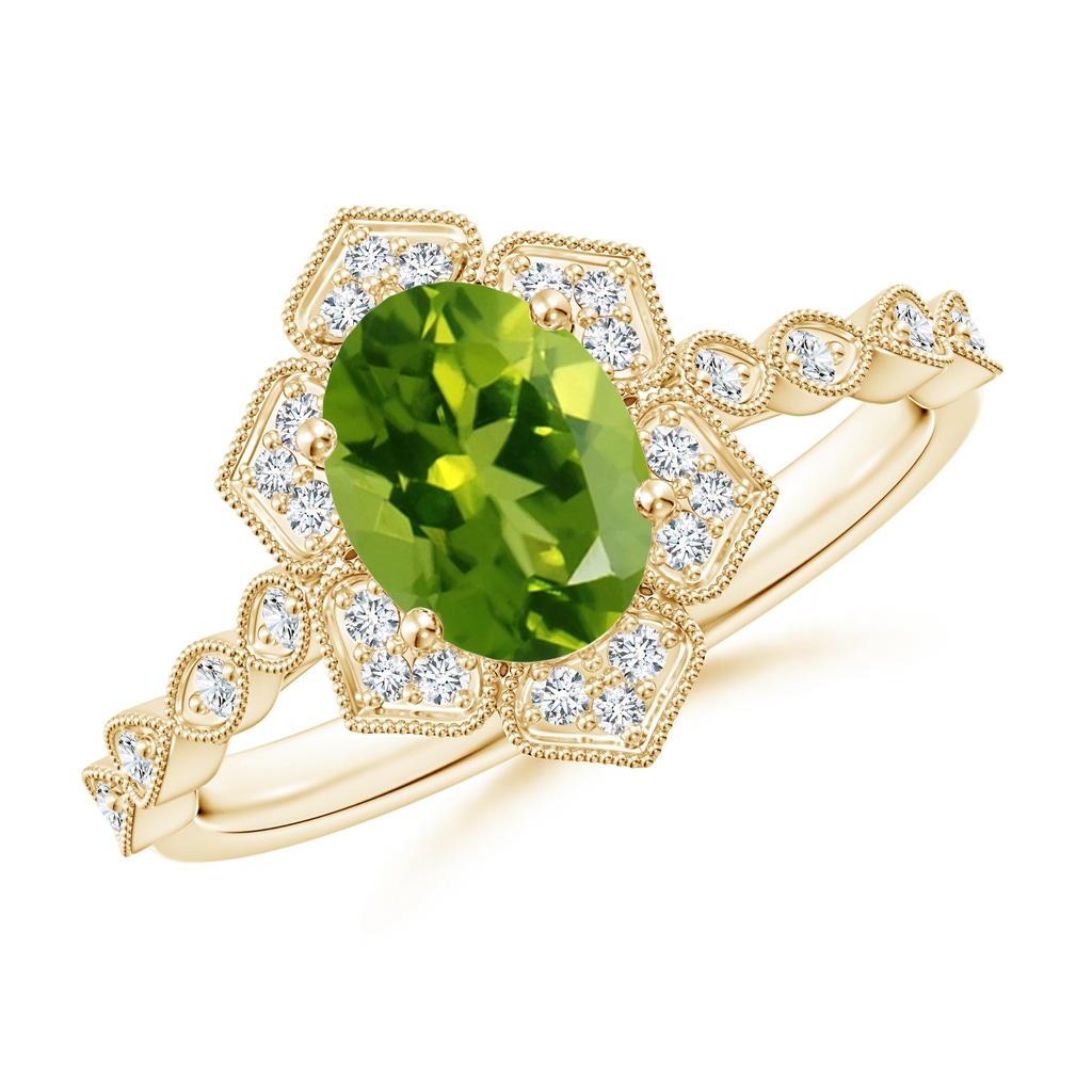 8x6mm AAAA Oval Peridot Trillium Floral Shank Ring in Yellow Gold